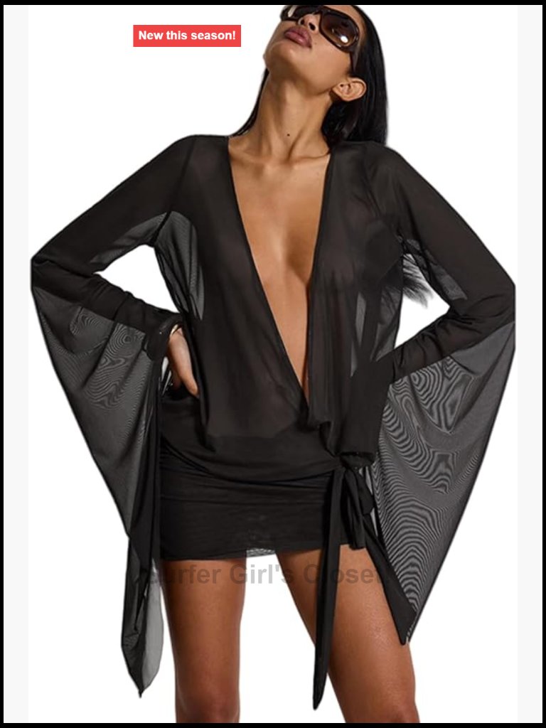 Women's Deep V Neck See Through Mini Dress Bodycon Long Flared Sleeve Lace Up